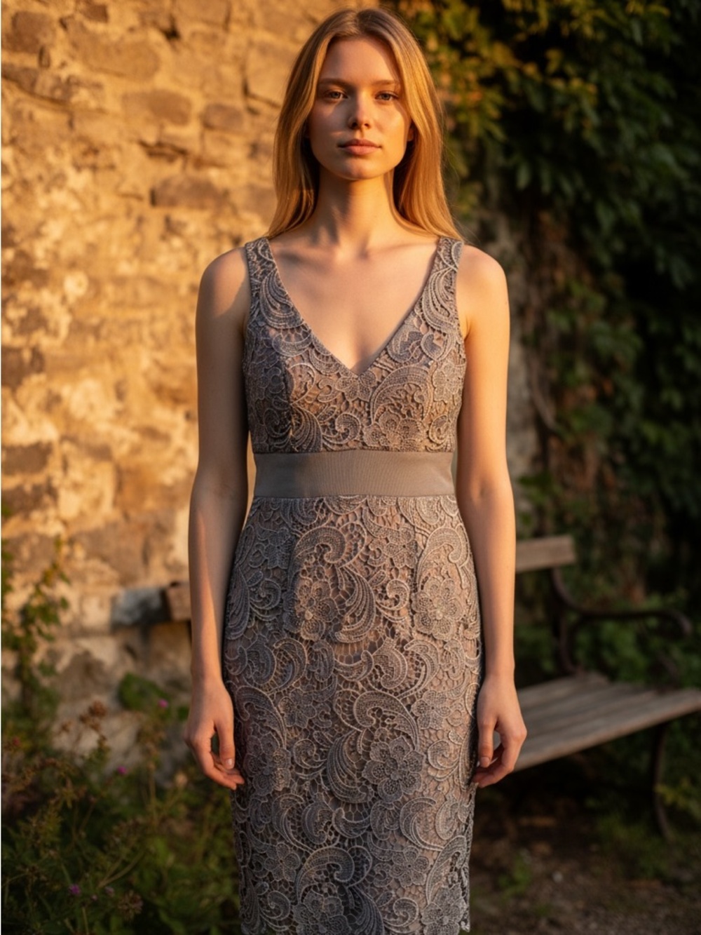 Adrianna Papell Lace V-Neck Midi Dress in Gray